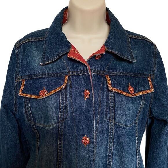 Vintage Bohemian Orange Jewel Button Blue Denim Trucker Jacket Sz S - Picture 3 of 16